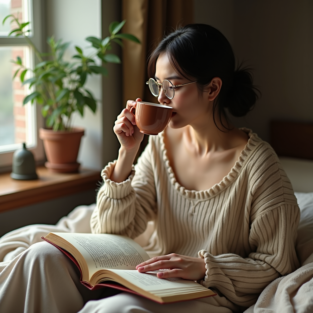 A person sits by a window, sipping from a mug while reading a book.