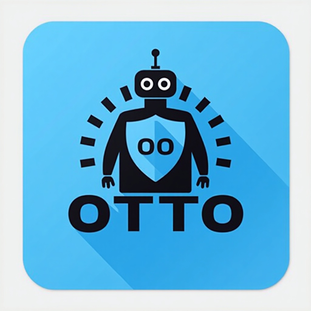 The image features a modern logo design named 'OTTO' that showcases a robot. The robot is depicted with a shield, signifying security and protection. The overall color scheme consists of blue and black, emphasizing professionalism and efficiency. The logo's minimalistic style creates a clean appearance, making it memorable and engaging. This design aims to evoke a sense of organization and user-friendly solutions in the tech industry.