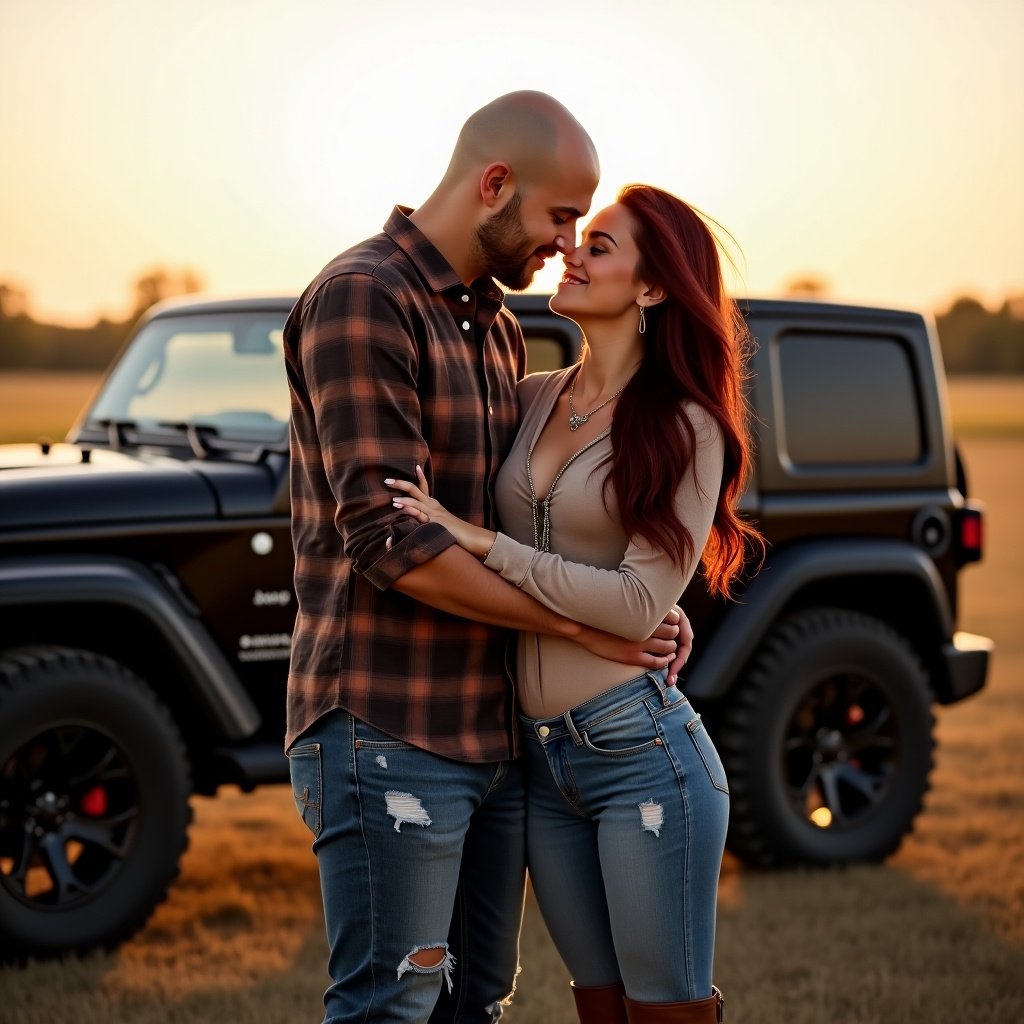 Couple stands in a field during sunset. Boyfriend is bald, wearing jeans with knee holes and cowboy boots. He holds girlfriend with her legs wrapped around his waist. Girlfriend wears skinny jeans, brown knee-high boots, and a long sleeve dressy shirt. Both display jewelry and piercings. Jeep Wrangler is in the background.