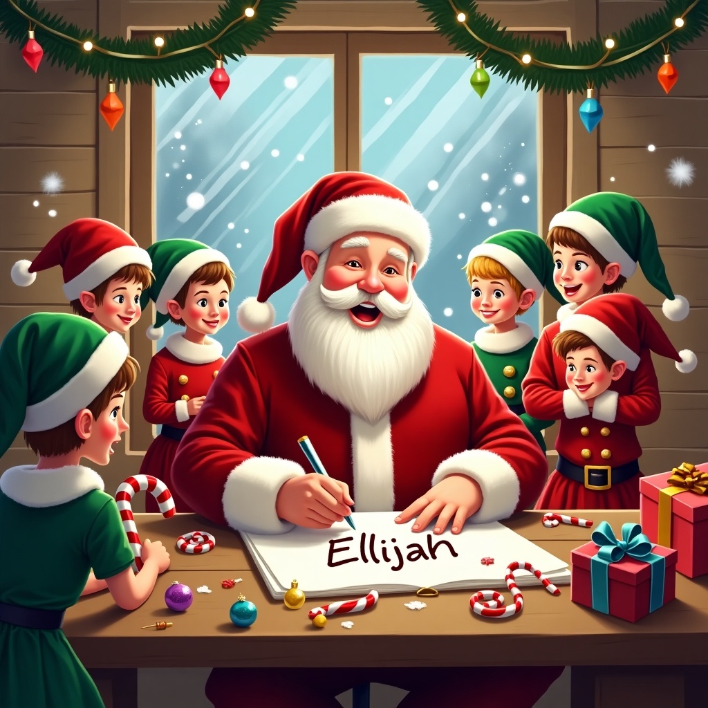 This is a joyful Christmas scene inside a workshop. Santa Claus is surrounded by cheerful elves, all smiling and engaged in festive activities. The elves are wearing green hats and red outfits, while Santa is dressed in his classic red suit. Brightly wrapped presents are scattered around the table, adding to the holiday spirit. Candy canes and colorful ornaments decorate the scene. Snow is visible through the cheerful window, implying a cozy winter atmosphere. Warm lights and decorations enhance the festive mood, and Santa is writing the name Ellijah.