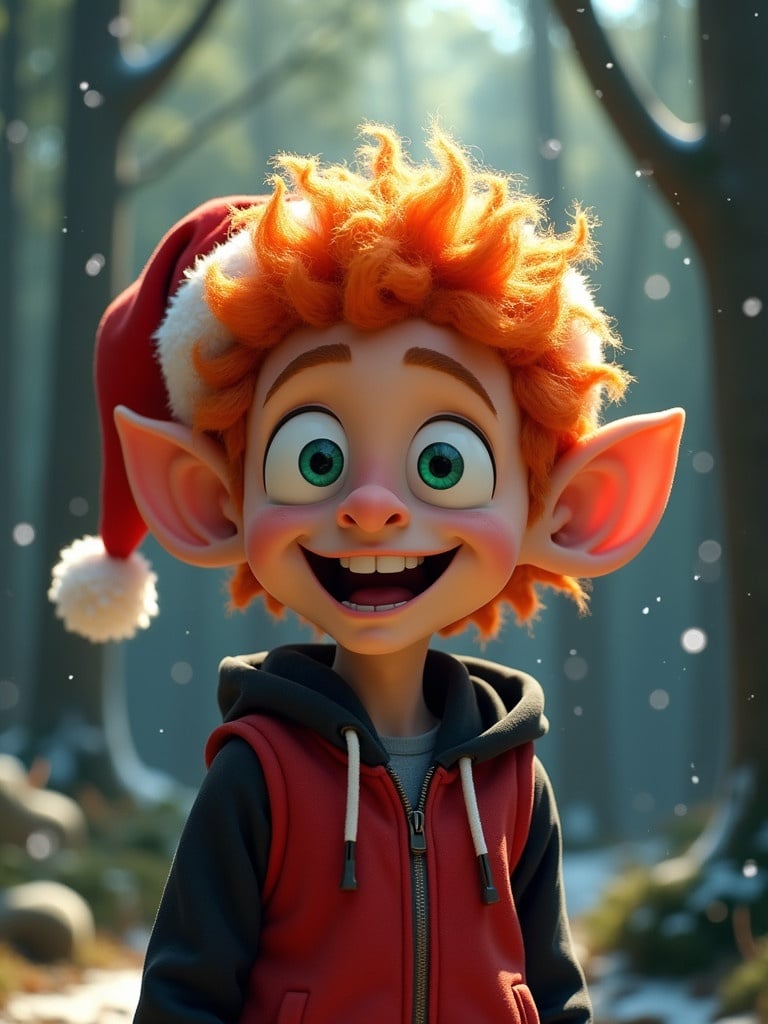 An animated character resembling a Christmas Whoville man in a magical forest. Features vibrant orange curly hair and large expressive green eyes. Wearing a neon red and black hoodie and a Santa hat. The scene gives a cheerful and imaginative vibe.