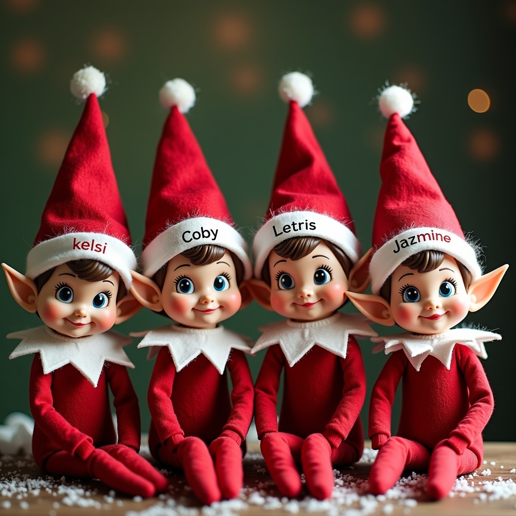 The image features four adorable Christmas elves sitting together. Each elf is wearing a bright red outfit with a matching hat. Their hats have cute white pom poms on top. Each elf's hat displays a different name: Kelsi, Coby, Letris, and Jazmine. The background has a soft, green hue with blurred lights, enhancing the holiday mood. The elves have charming smiles, creating a festive atmosphere. The setting is sprinkled with artificial snow, adding to the winter theme. This image could be used for various holiday-themed projects or products.