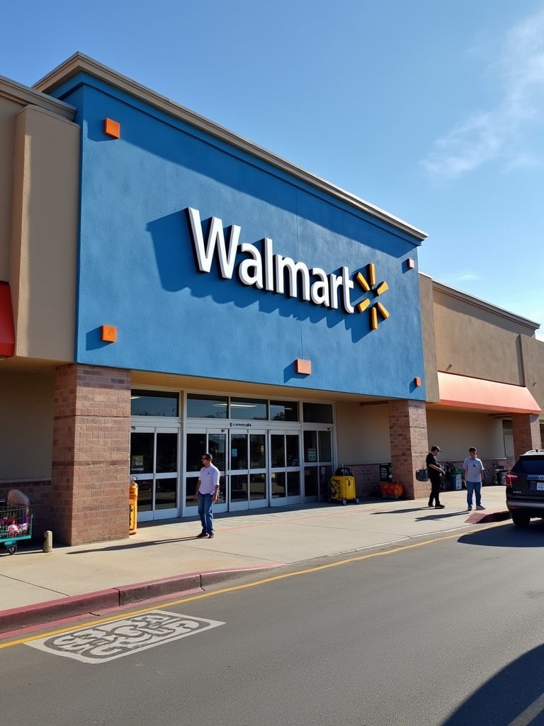 Walmart store facade view during daytime. Clearly visible store sign and customers entering or exiting. Bright colors and clear blue sky atmosphere.