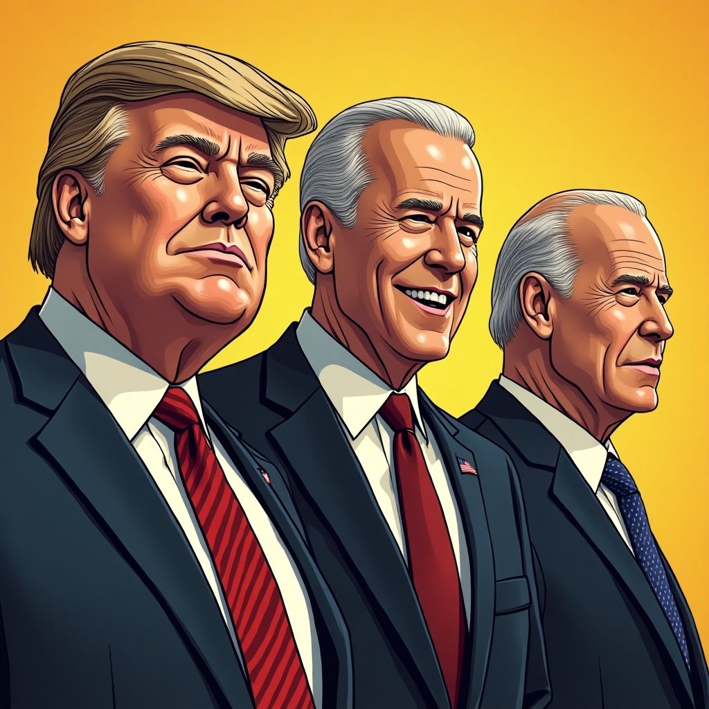 Three political figures depicted in a bold art style inspired by video games. A bright yellow background enhances the characters. Unique artistic details imitate Borderlands with exaggerated features and energetic colors. Each figure represents a notable leader from recent U.S. history.