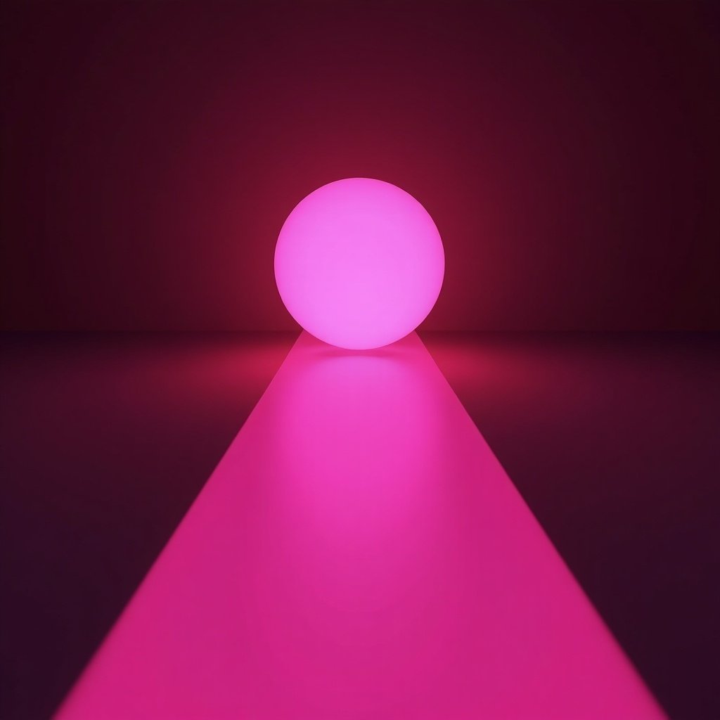 A pink glowing ball sits at the end of a bright pink beam of light on a dark background. The light creates a dynamic perspective leading towards the ball. The scene is inspired by the plinko game style.