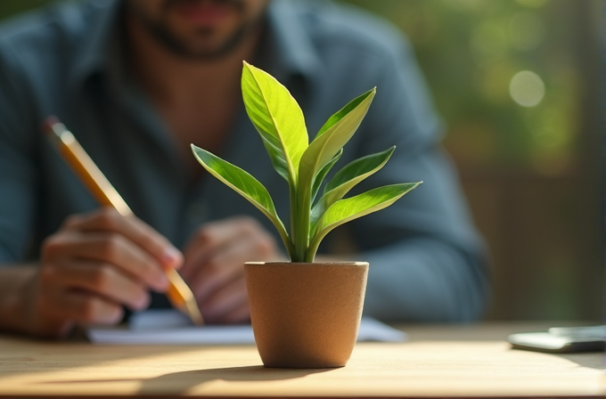 A small potted plant on a sunlit wooden table with a person writing in the background.