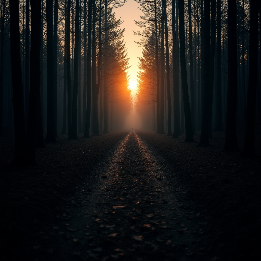 A narrow path leads through a dense forest, with silhouetted trees framing a vibrant sunrise on the horizon.