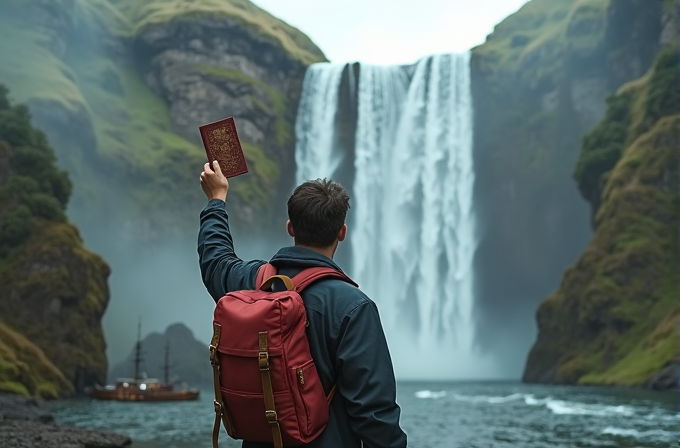 A person with a red backpack holds up a book in front of a large waterfall.