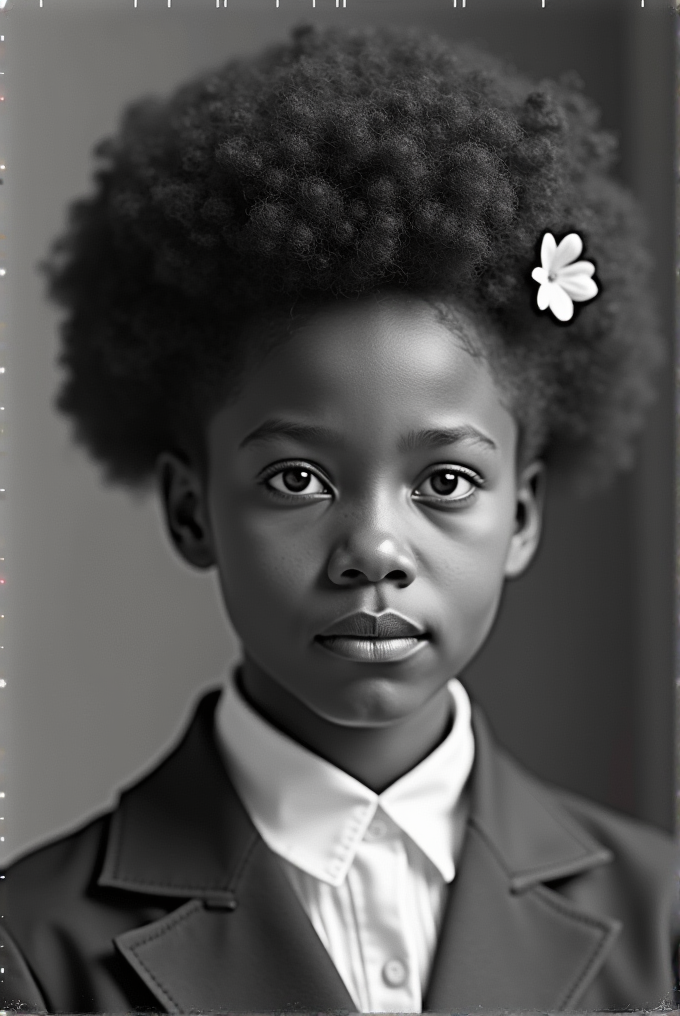 A young girl with curly hair and a flower, wearing a suit with a calm expression.