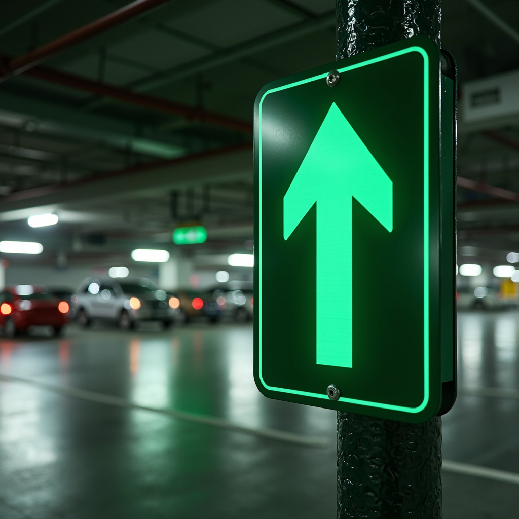 A brightly lit green directional arrow sign is prominently displayed in a dimly lit underground parking garage with several cars visible in the background.