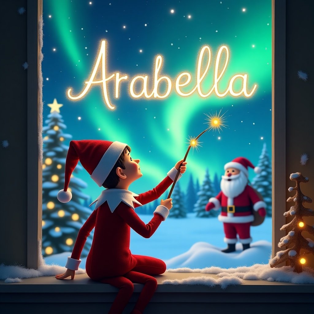 This image features a charming Christmas scene. An adorable elf, dressed in festive colors, is seated by a window. The elf is holding a wand, and with its back facing us, it's writing the name 'Arabella' in the night sky. Outside, a beautiful winter landscape is illuminated by sparkling northern lights. In the background, Santa Claus is joyfully watching over the scene. The atmosphere is magical, filled with the essence of the holiday spirit.