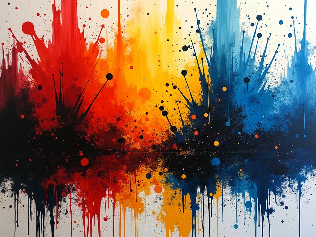 This image features an abstract art piece with bold splashes of red, yellow, blue, and black paint. The dynamic colors create a striking visual contrast against a white background. The splashes seem to radiate from the center, showcasing a mix of vibrant tones and textures. Drips of paint cascade downwards, enhancing the energetic feel of the artwork. This bold composition evokes a sense of creativity and excitement, making it ideal for contemporary spaces.