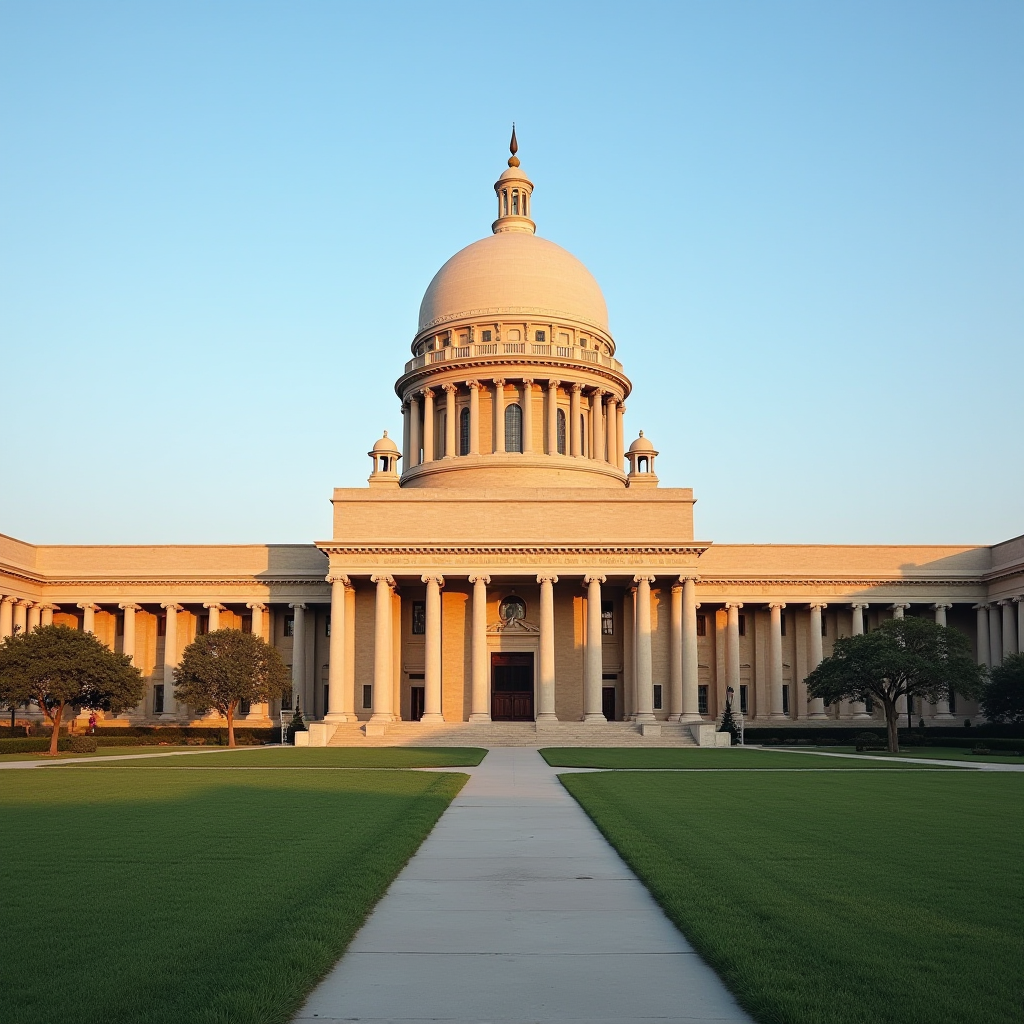 A neoclassical building with a grand dome and columned façade, illuminated by golden hour sunlight.