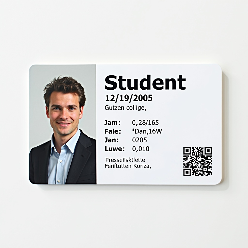 Image of a student ID card from a German college. The card is white with the word 'Student' in bold. Includes a birth date of 12/19/2005 and a QR code. The layout is professional, suitable for identity verification.