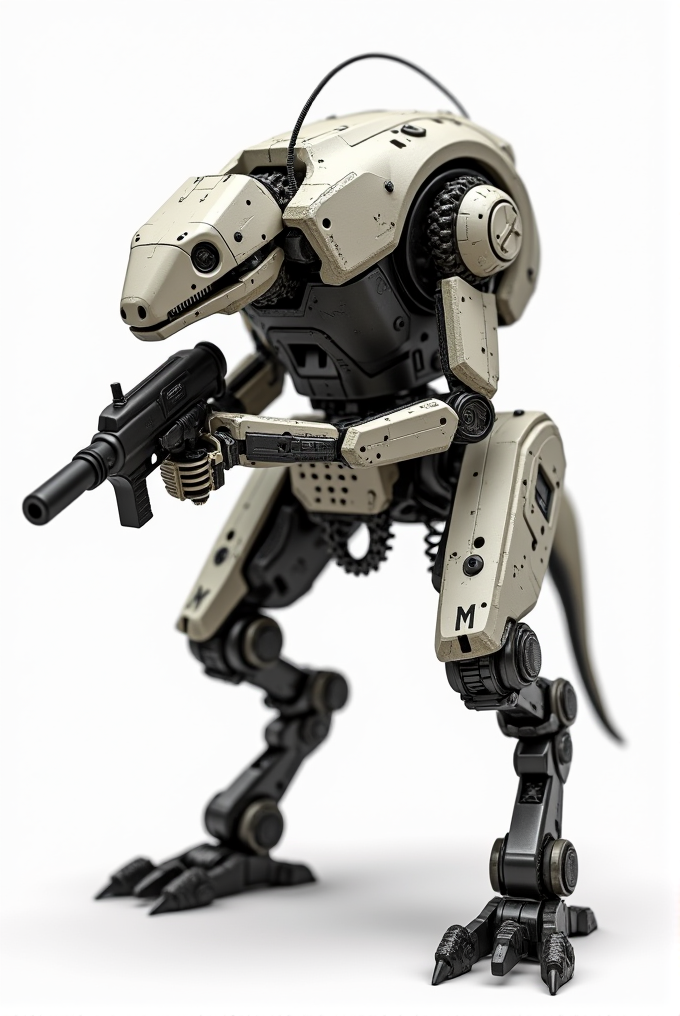 A robotic lizard-like machine equipped with a weapon, showcasing intricate mechanical design and articulation.