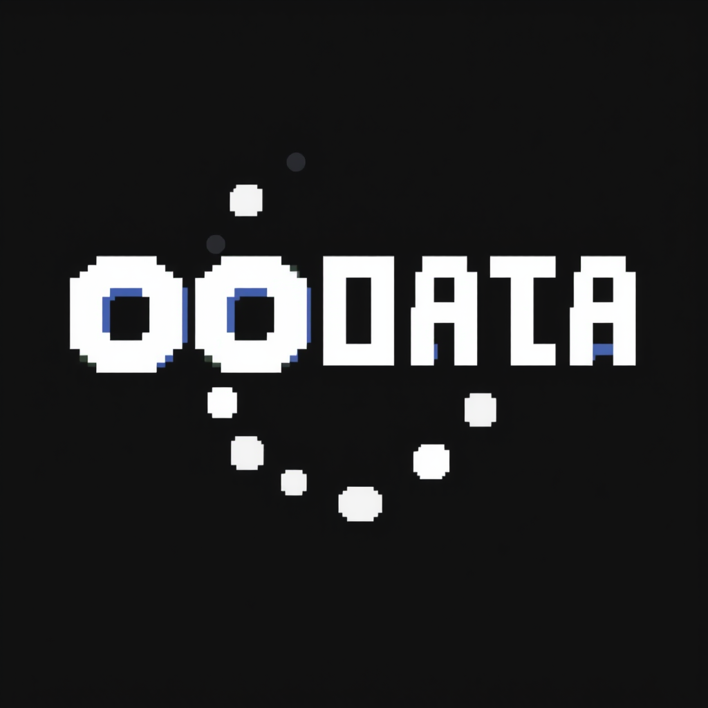 White pixelated letters 'OODATA' are displayed with a curved line of dots on a black background.