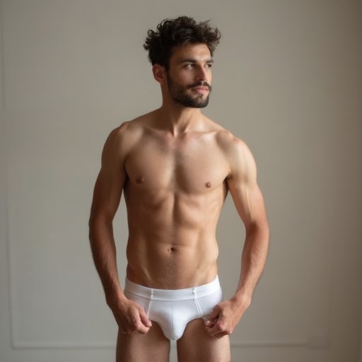 A young male model poses in white underwear against a soft background. The focus is on the upper body showcasing the physique in a casual and relaxed manner.