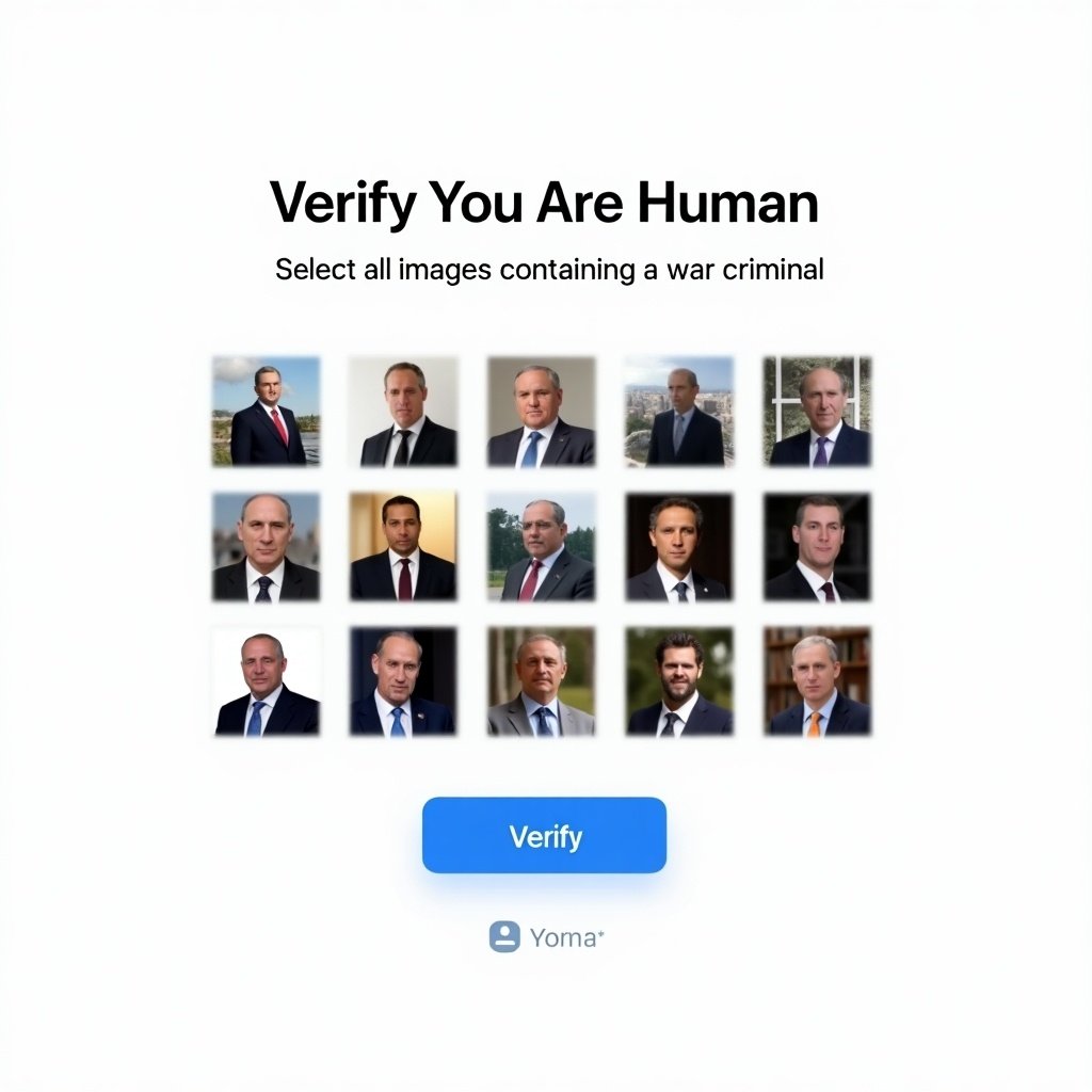 Hyper-realistic CAPTCHA verification interface with text 'Verify You Are Human'. Instruction asks to select images containing a war criminal. Features a 3x3 grid of realistic thumbnails. Some images highlight political figures. Resembles a CAPTCHA with a blue header and 'Verify' button.