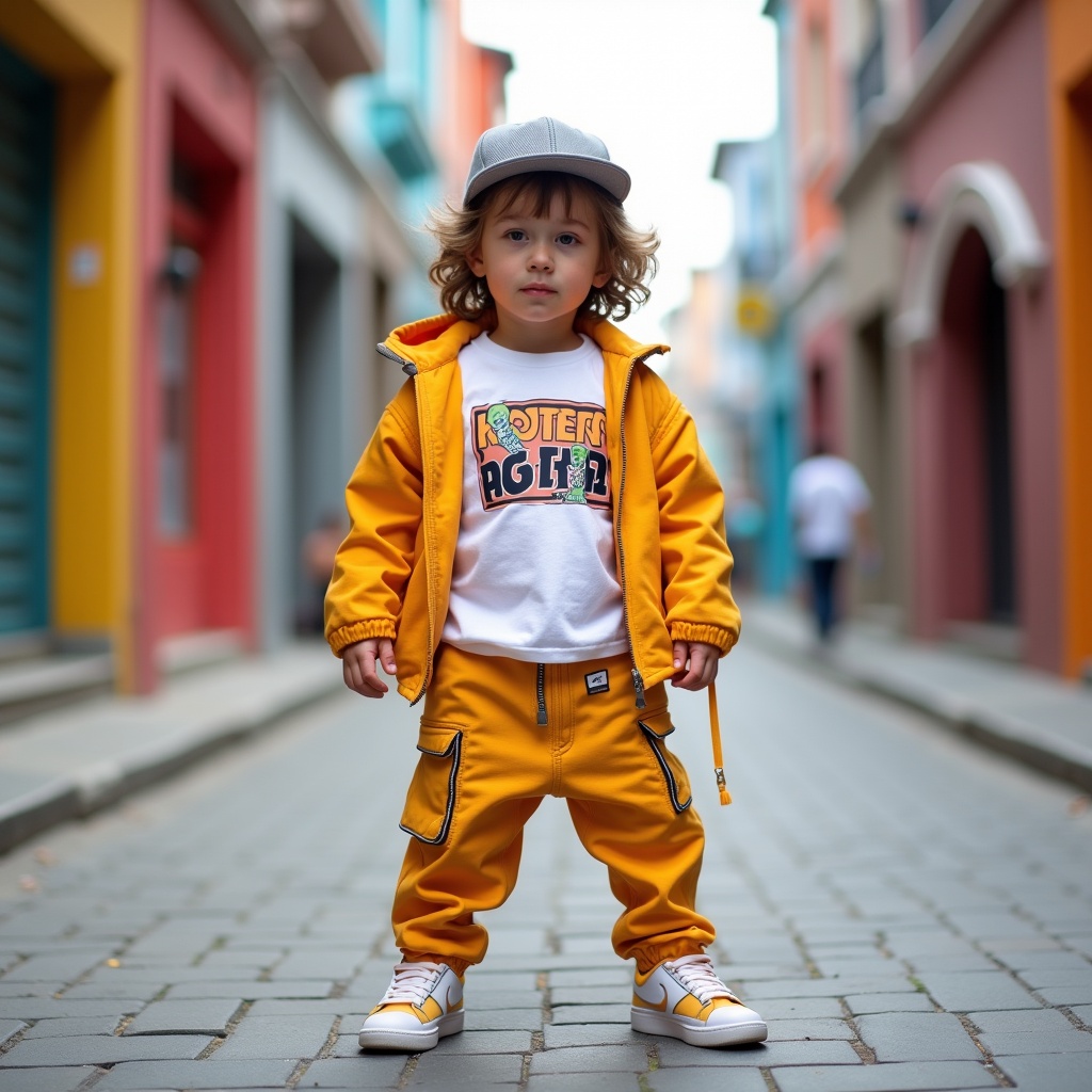 Stylish young child confidently posing in an urban street wearing vibrant streetwear clothes with colorful backgrounds and bright natural lighting.