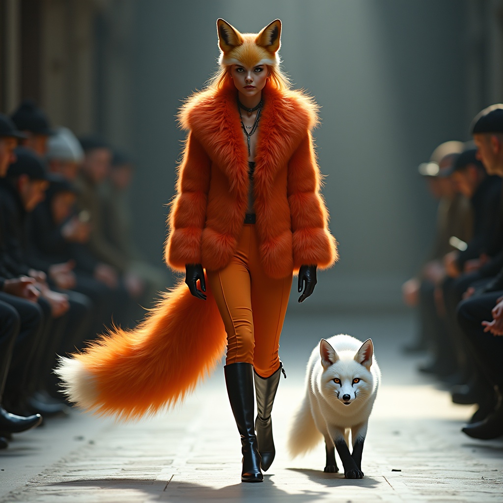 In a striking catwalk setting, a fox-human strides confidently, her outfit made of vibrant orange fur that reflects her cunning nature. She features a dramatic tail that flows behind her, enhancing her fierce elegance. Accompanying her is an arctic fox, its snow-white fur contrasting sharply against her bold colors. The atmosphere is intense, full of onlookers dressed in dark attire, adding a sense of drama. This scene represents a face-off of personalities: the sly fox-human versus a raven-human, both exuding intelligence and strategic prowess.