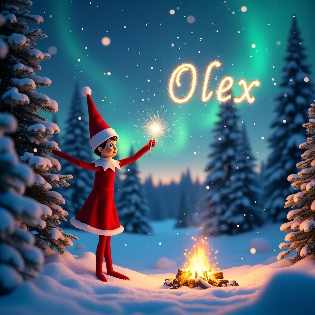 Traditional female red elf stands in snowy forest with magic wand. Elf writes name in glittering letters across night sky. Snowflakes swirl around. Northern lights glow in pink, purple, turquoise. Campfire glows nearby. Large Christmas tree in background with snow and lights.