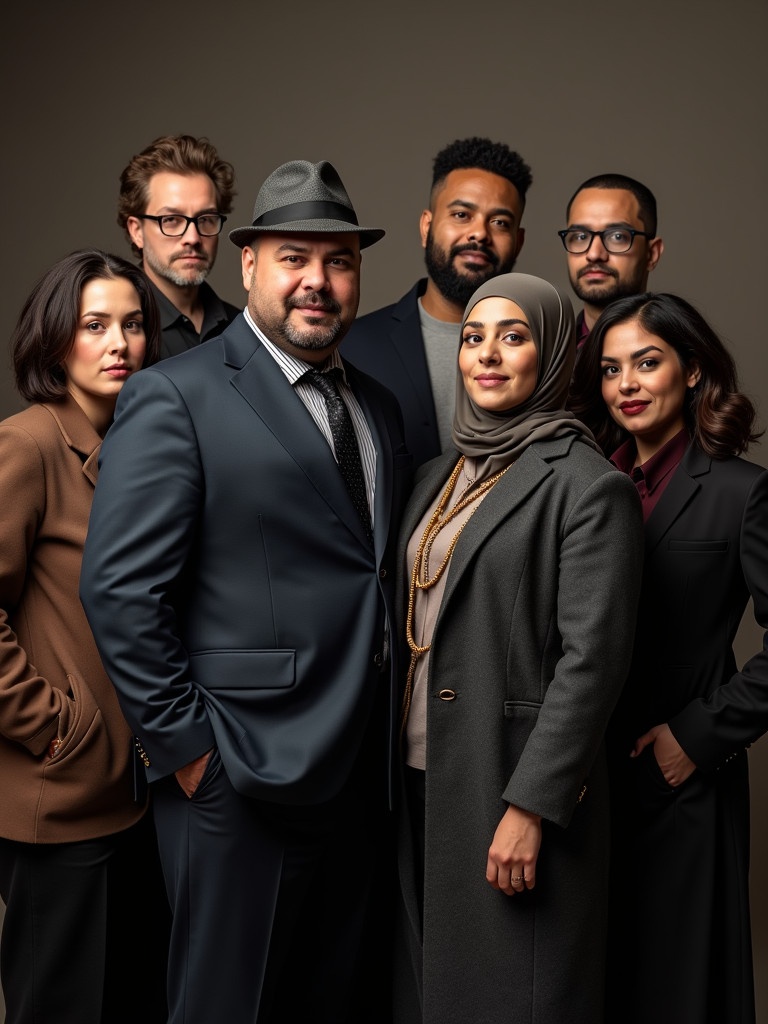 Image showcases a mafia gang led by a husband and wife duo. The husband is heavyset in a newsboy hat. He stands with his wife wearing a hijab. They are surrounded by a diverse group of six members characterized uniquely. The group embodies a gangster-themed identity in a stylish studio setting.