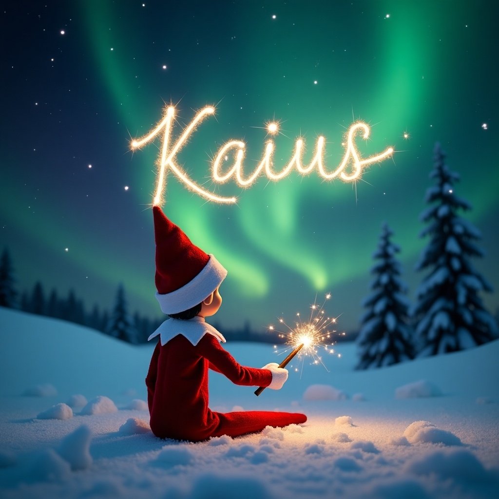 An elf sits in a snowy landscape. The elf gazes upward at the sky. He uses a wand to write the name 'Kaius'. The scene has brilliant northern lights above. The elf wears a bright red outfit against the white snow. The atmosphere conveys a sense of Christmas magic and joy.