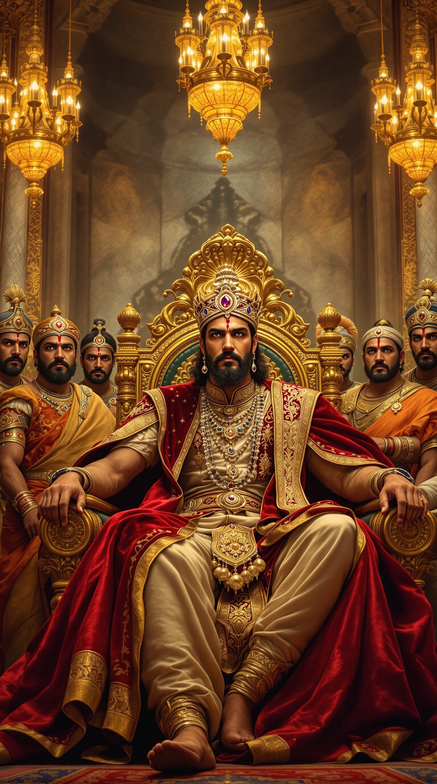 A majestic royal court in ancient India. King Veerendra sits on a golden throne. He wears a red and gold embroidered sherwani and a jeweled crown. His expression shows deep concern. Ministers and soldiers surround him with tense faces. The hall has intricate carvings and golden chandeliers.