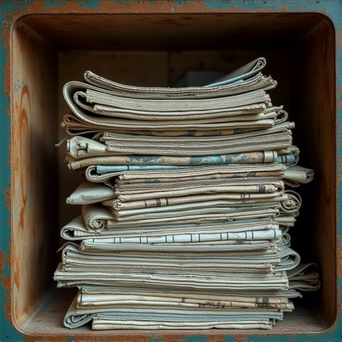 A stack of old, yellowed newspapers neatly placed inside a rustic wooden box.