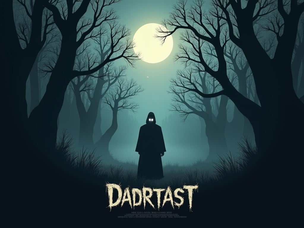 A dark, moody horror-themed illustration featuring a hooded figure with glowing eyes standing in a forest at night under a full moon, with stylized text reading 'Dadrast' at the bottom.