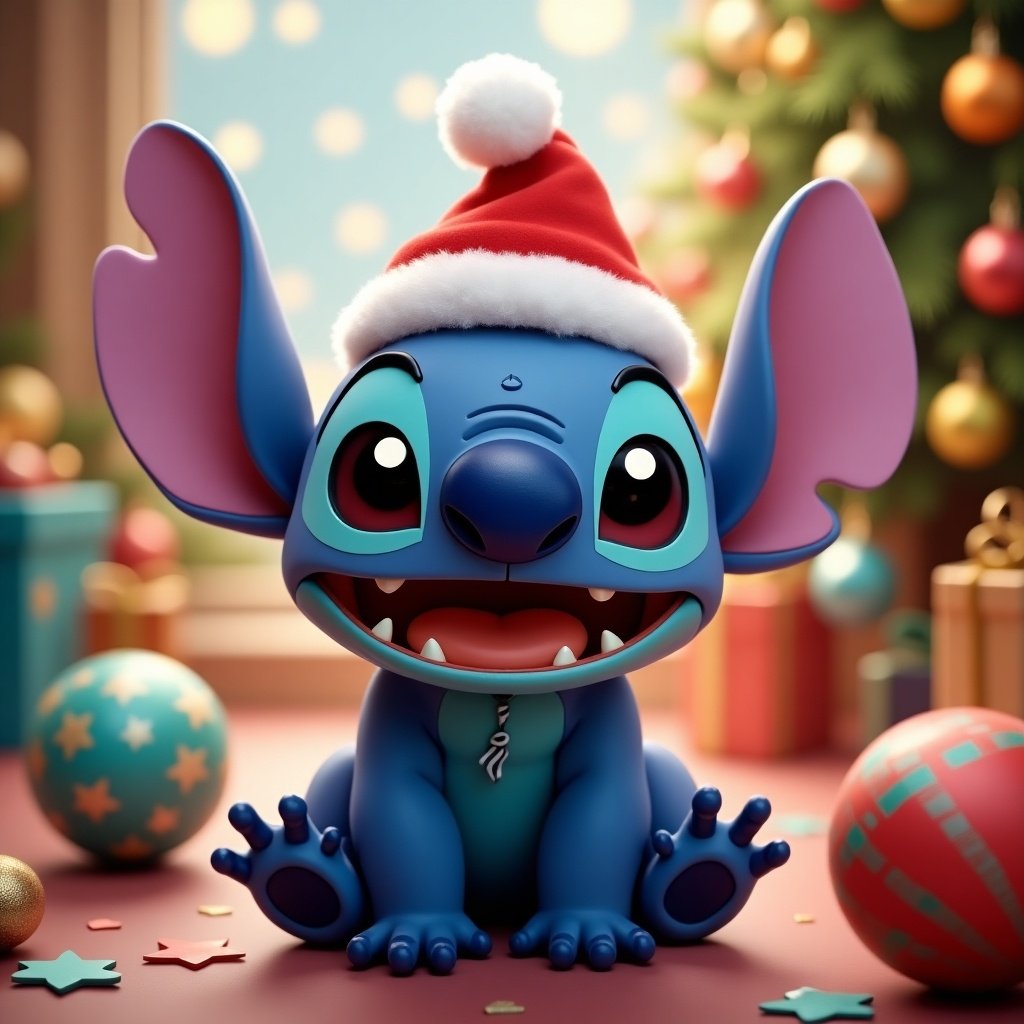 Stitch is wearing a Christmas hat in a festive setting with decorations. Stitch is smiling. Background includes Christmas tree and gifts. Colorful ornaments are around him.