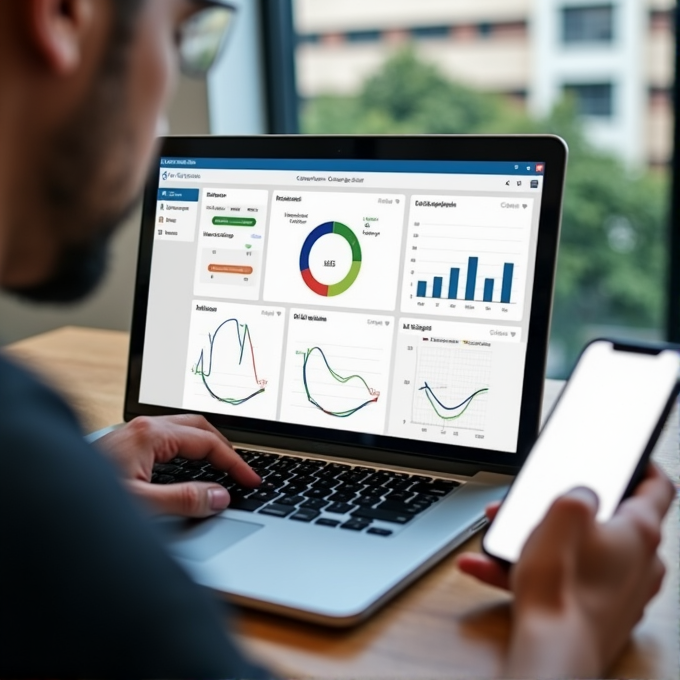 A person is using a laptop with various data charts and graphs on the screen while holding a smartphone.