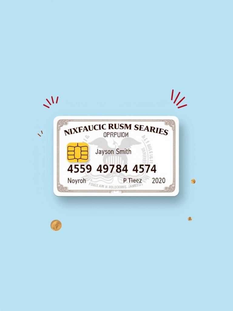 Depiction of a generic social security card shows the name Jayson Smith. Key numbers are displayed as 459-94-0784. Card displays a graphic chip and decorative elements suggest an official nature. Background color is soft blue. Design is both professional and clean.