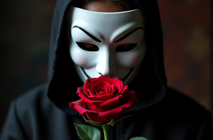 A person wearing a white mask and black hoodie is holding a red rose.