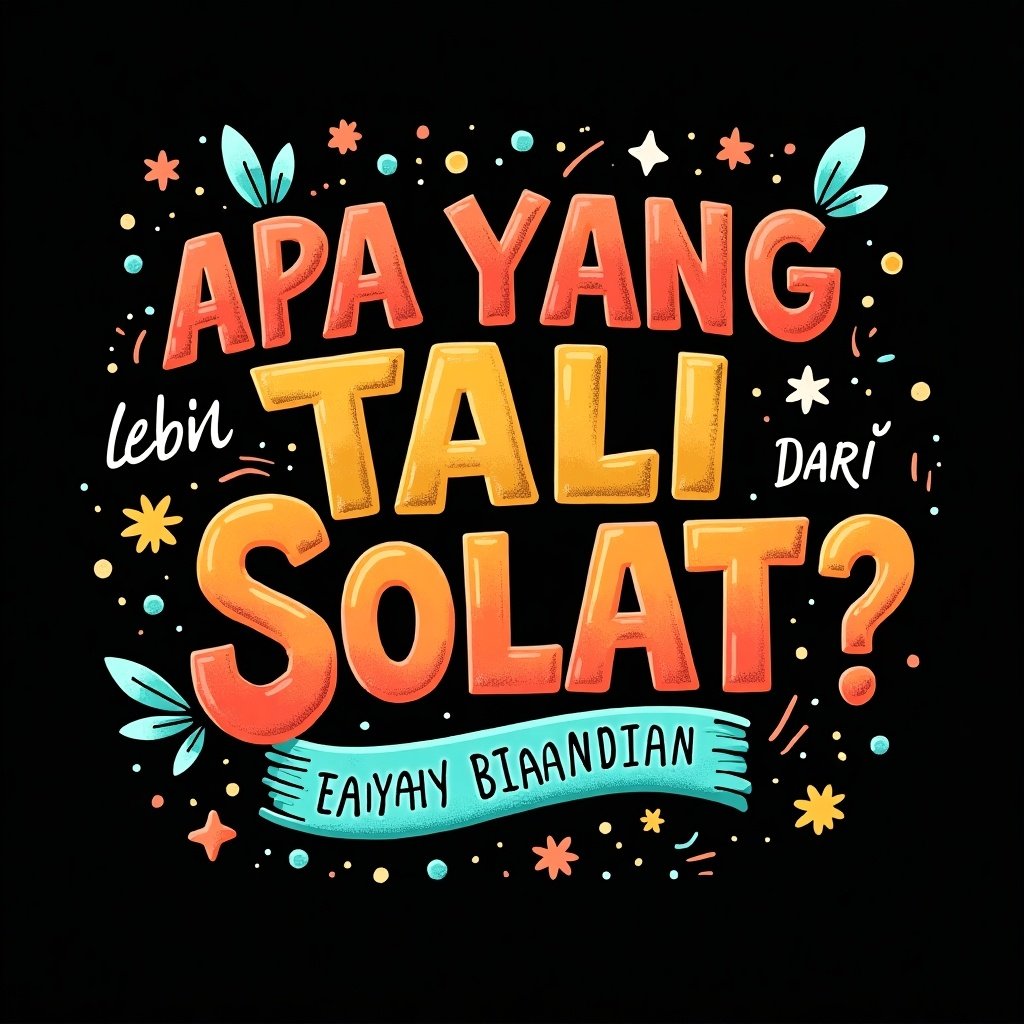 Colorful typographic design features the text 'Apa yang lebih utama dari SOLAT?'. Background is black with decorative splashes. The overall feel is energetic and artistic.