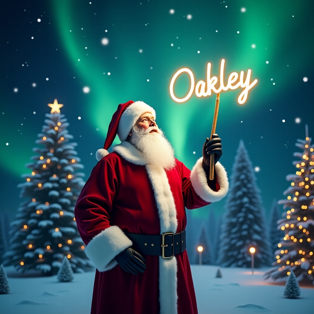 The image features Santa Claus in a magical Christmas scene. He stands amid beautifully decorated Christmas trees, all aglow with lights. Santa is holding a wand aloft, writing the name 'Oakley' in the air. The sky above him is filled with vibrant northern lights in green and blue hues. The scene captures the essence of holiday magic and festive cheer, creating a whimsical atmosphere.