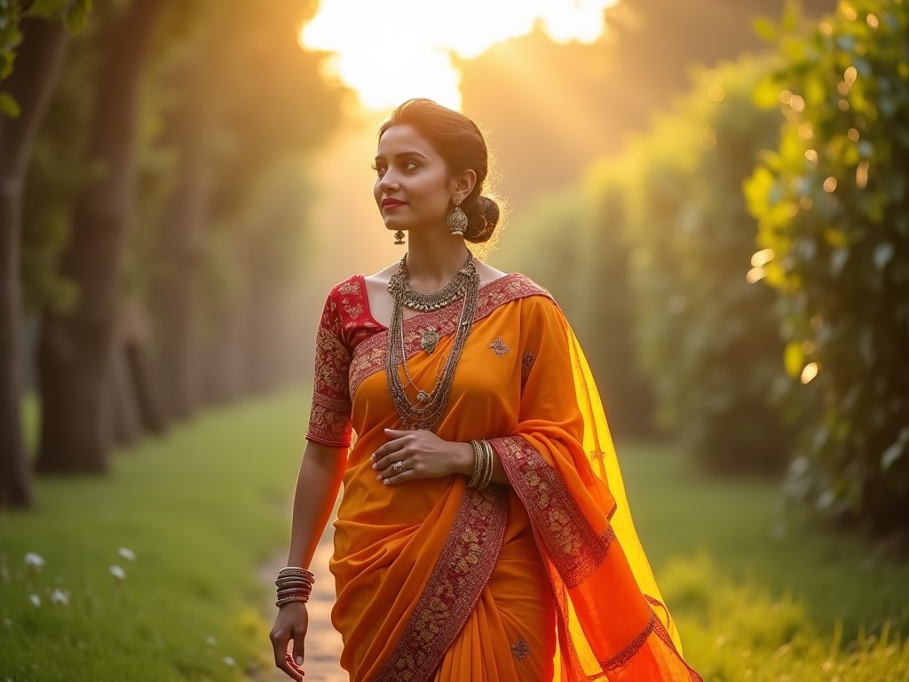 The image captures a woman strolling gracefully in a vibrant orange saree under the warm glow of the golden hour. She walks along a lush green path, surrounded by trees and greenery. The saree, adorned with intricate designs, complements her skin tone and showcases traditional Indian fashion. Her accessories, including elaborate jewelry, add to the overall cultural aesthetic. The serene ambiance and soft lighting contribute to an enchanting feel, highlighting the beauty of heritage and nature.