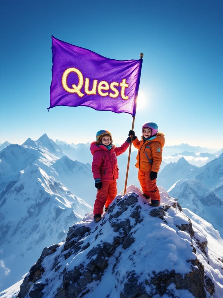 Breathtaking scene atop Mount Everest. Two young climbers, four-year-old boy and girl, stand proudly at the peak. Clad in bright climbing gear. Holding a flagpole with a vibrant purple flag. The flag has the word 'Quest' embroidered. They exude joy and pride in achievement. Snowy summit and distant peaks surround them. Clear blue sky overhead. Captures essence of adventure and exploration.