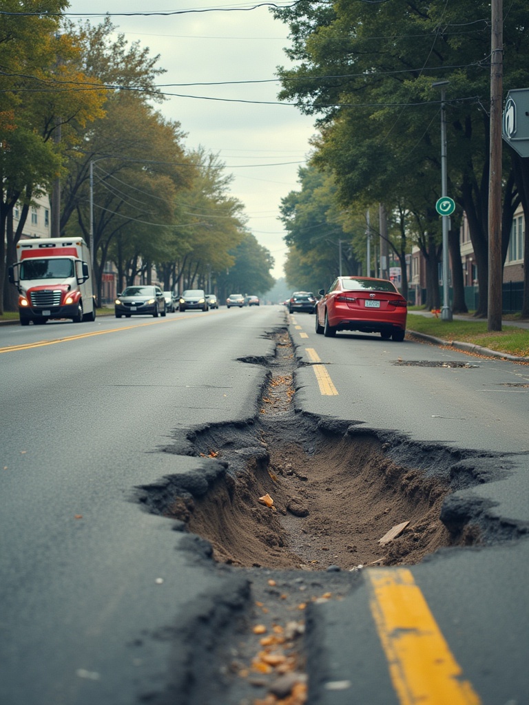 Example image showing an open pothole on a road. Highlight the danger of the pothole to approaching cars. Emphasize the need for vehicles to stop. Illustrate the risk and surrounding environment clearly.