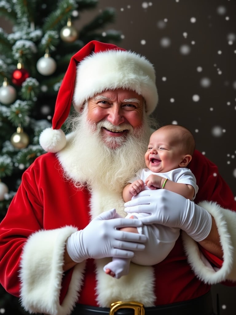 A cheerful Santa Claus holds a premature baby with nasal cannula. Santa dressed in traditional red suit. Baby smiles joyfully. Background shows a Christmas tree with ornaments and falling snow. Scene evokes festive atmosphere.