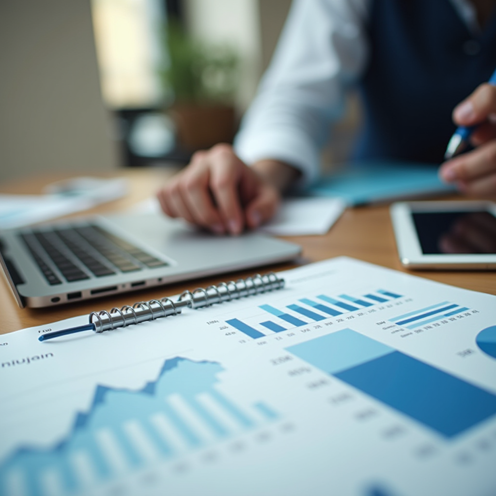 A person working at a desk with a laptop, tablet, and financial reports.