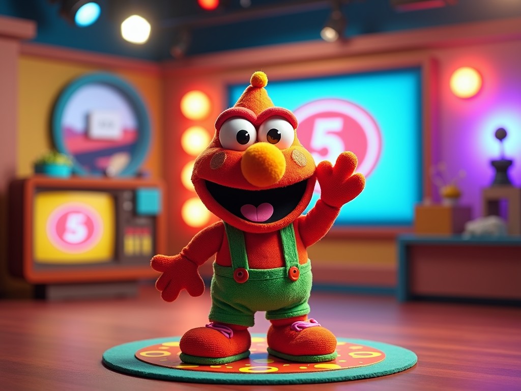 This vibrant image features a colorful puppet character standing cheerfully in a bright, playful studio setting. The character is dressed in orange and green attire with an exaggerated happy expression, surrounded by colorful lights and playful decor. The background is filled with vibrant colors and soft lighting, contributing to a lively and inviting atmosphere.