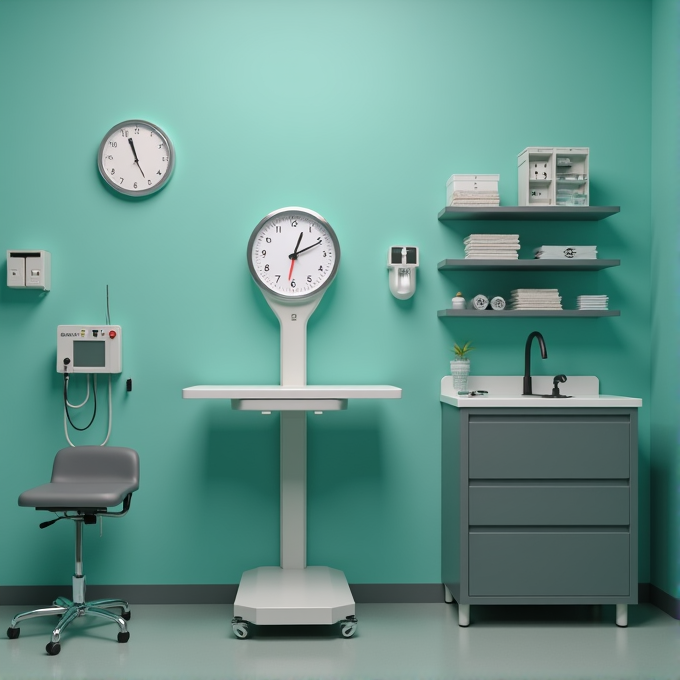 An organized medical examination room with teal walls equipped with a clock, medical scale, chair, examination table, and orderly shelves filled with supplies.