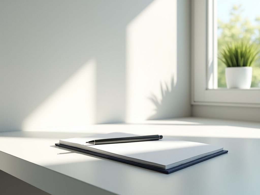 This image depicts a minimalist and serene workspace. A clean desk is bathed in natural light from a nearby window. On the desk, there is an open notepad with a sleek pen resting on top. The background features a small potted plant that adds a touch of greenery. The overall feel of the image is calm and organized, ideal for inspiring productivity and creativity.