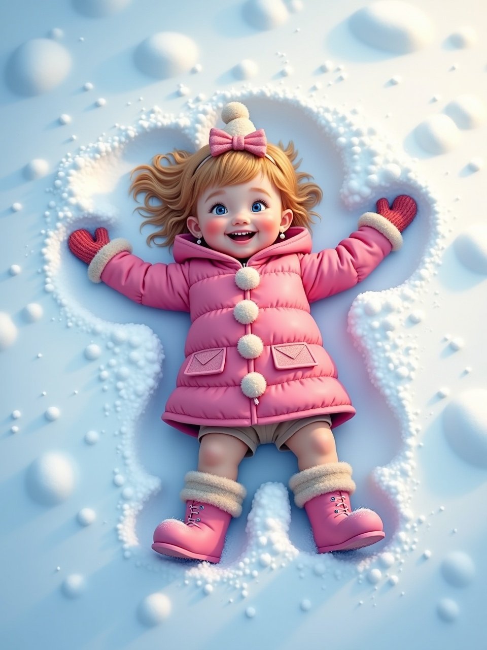 Whimsical toddler makes snow angel. Laying in snow. Bright pink coat and boots. Snow background. Disney illustration style.