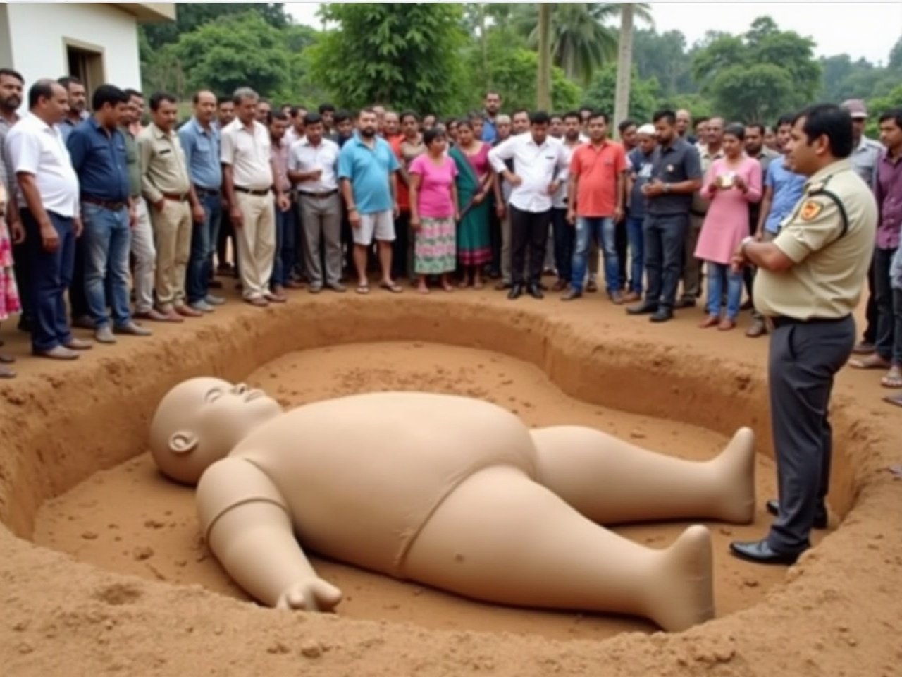 The image shows a large doll-like figure made of clay resting in a big trench or ditch. There is a crowd of people gathered around the trench, looking at the figure with curiosity and surprise. The crowd includes a mix of villagers and officials, including a person in a police uniform who appears to be addressing the gathering or examining the scene. The setting is outdoors, likely in a rural area, with a building and greenery visible in the background. The overall atmosphere is one of intrigue and puzzlement as people try to understand the situation.