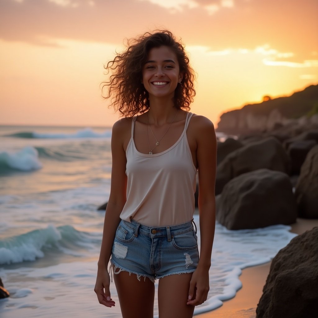 Woman standing on a beach during sunset wearing a tank top and shorts. Ocean waves and rocks in the background.