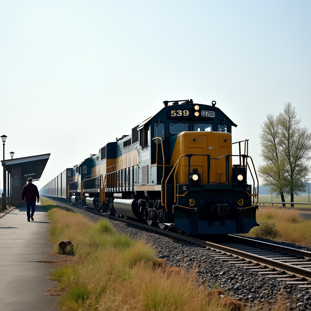 A train is approaching a solitary station as a person walks along the platform.