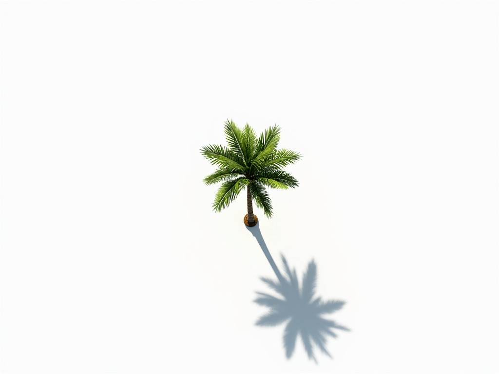 This image showcases a simple and realistic palm tree viewed from above. It is centrally placed on an entirely white background, making the green leaves and brown trunk stand out prominently. The bright light source situated overhead casts a distinct, long shadow that extends outward from the base of the trunk. This shadow contrasts sharply against the white surface, enhancing the clarity of the image. Overall, the composition emphasizes a clean and minimalist aesthetic, suitable for various visual applications.