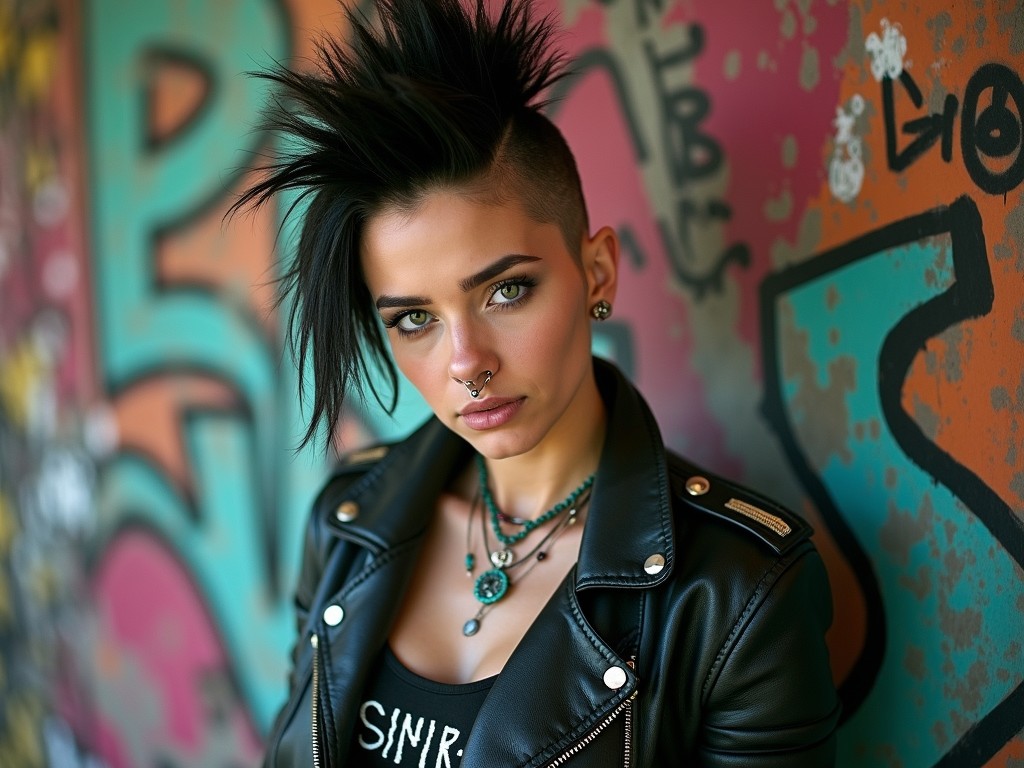 The image features a young woman with striking, edgy style, accentuated by her spiked mohawk hairstyle and leather jacket. She stands confidently against a vibrant graffiti-covered wall, which adds a rebellious urban backdrop. The vivid colors of the graffiti provide a stark contrast to the monochrome elements of her attire, highlighting the boldness of both the subject and the setting.